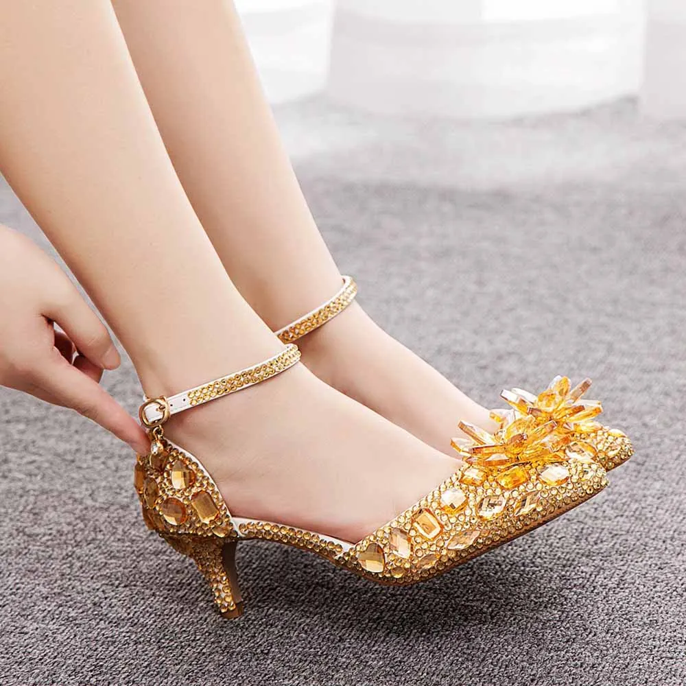 Pointed Toe Gold Rhinestone Crystal Low Prom Heels Wedding Shoes