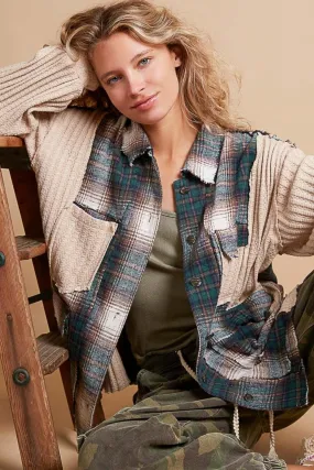 POL Plaid Shacket Contrast Patchwork Knit Long Sleeve Button Down