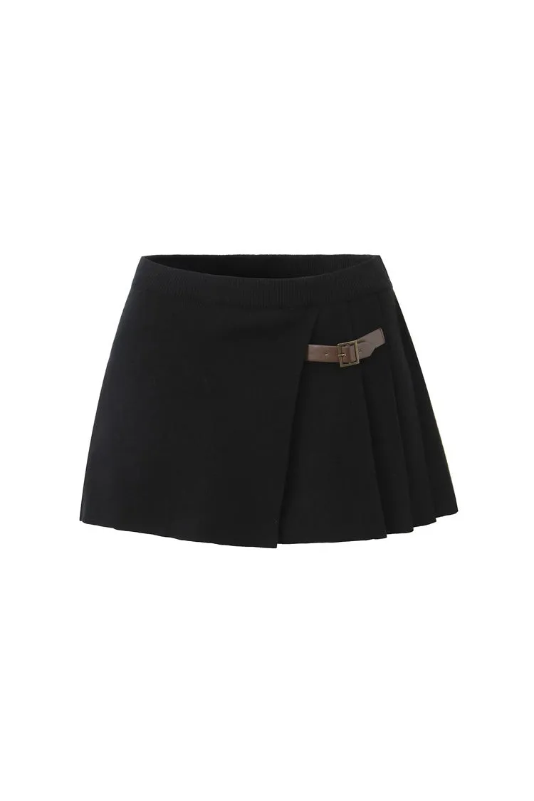 Preppy Style Solid Color Buckle Belt Detail Pleated A Line Knit Mini Skirt