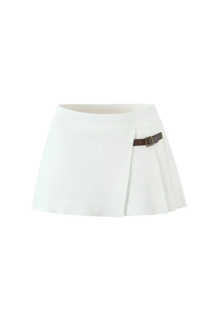 Preppy Style Solid Color Buckle Belt Detail Pleated A Line Knit Mini Skirt