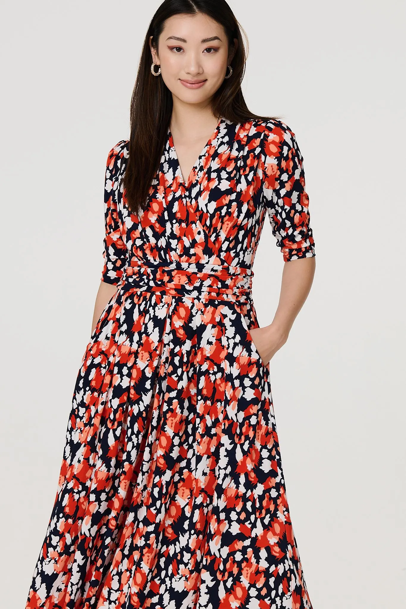 Printed 3/4 Sleeve V-Neck Midi Wrap Dress