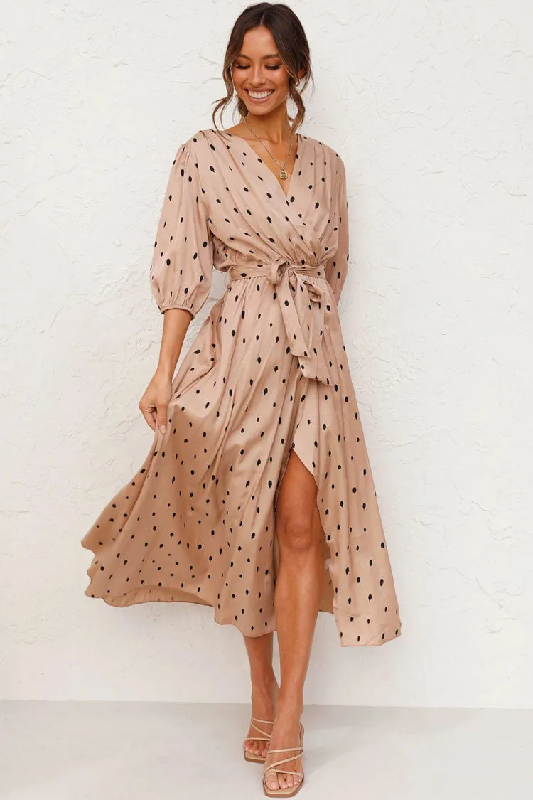 Puff Sleeve Dotted V Neck French Wrap Midi Dress - Khaki