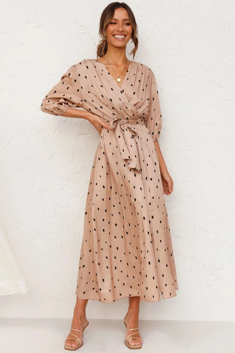 Puff Sleeve Dotted V Neck French Wrap Midi Dress - Khaki