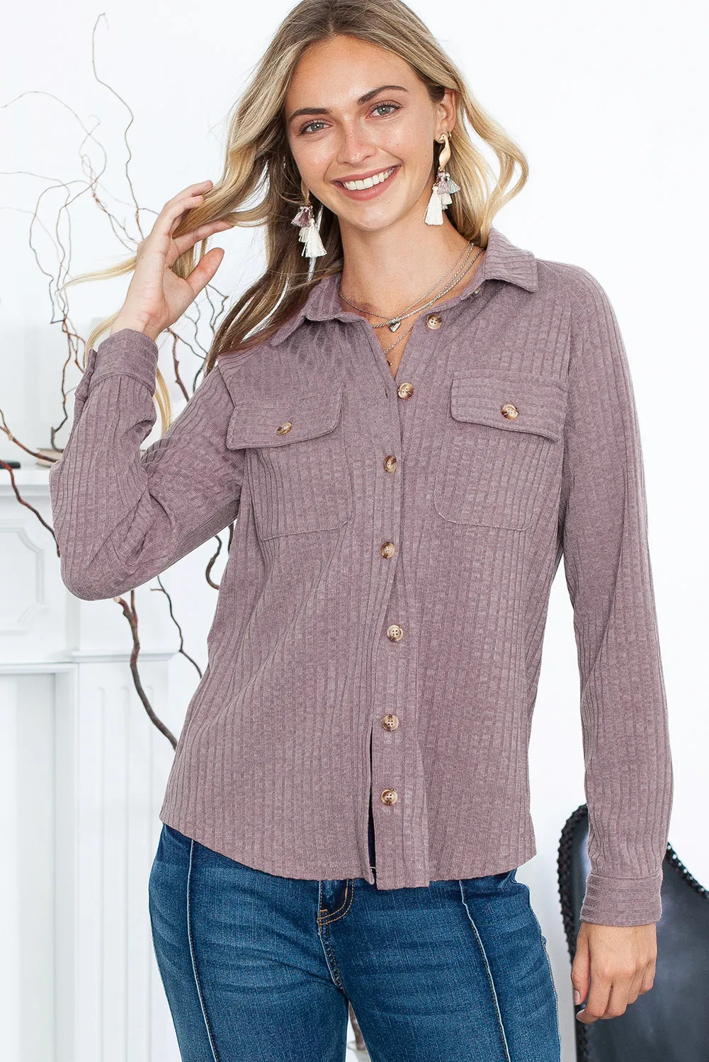 Purple Button Down Raw Hem Ribbed Shirt Shacket