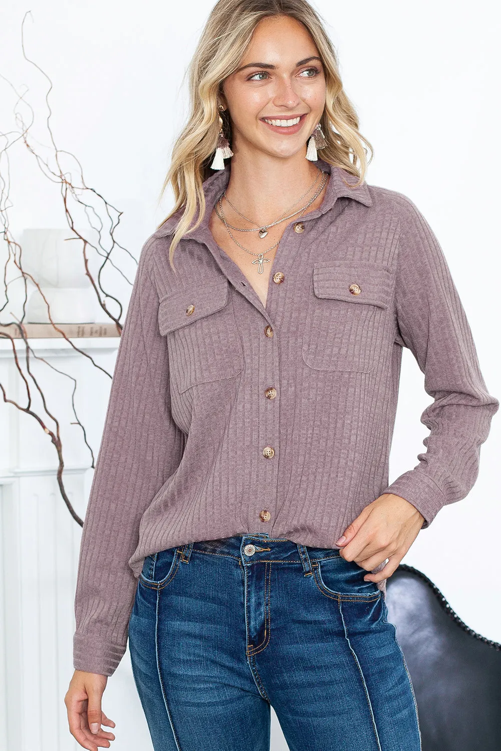 Purple Button Down Raw Hem Ribbed Shirt Shacket