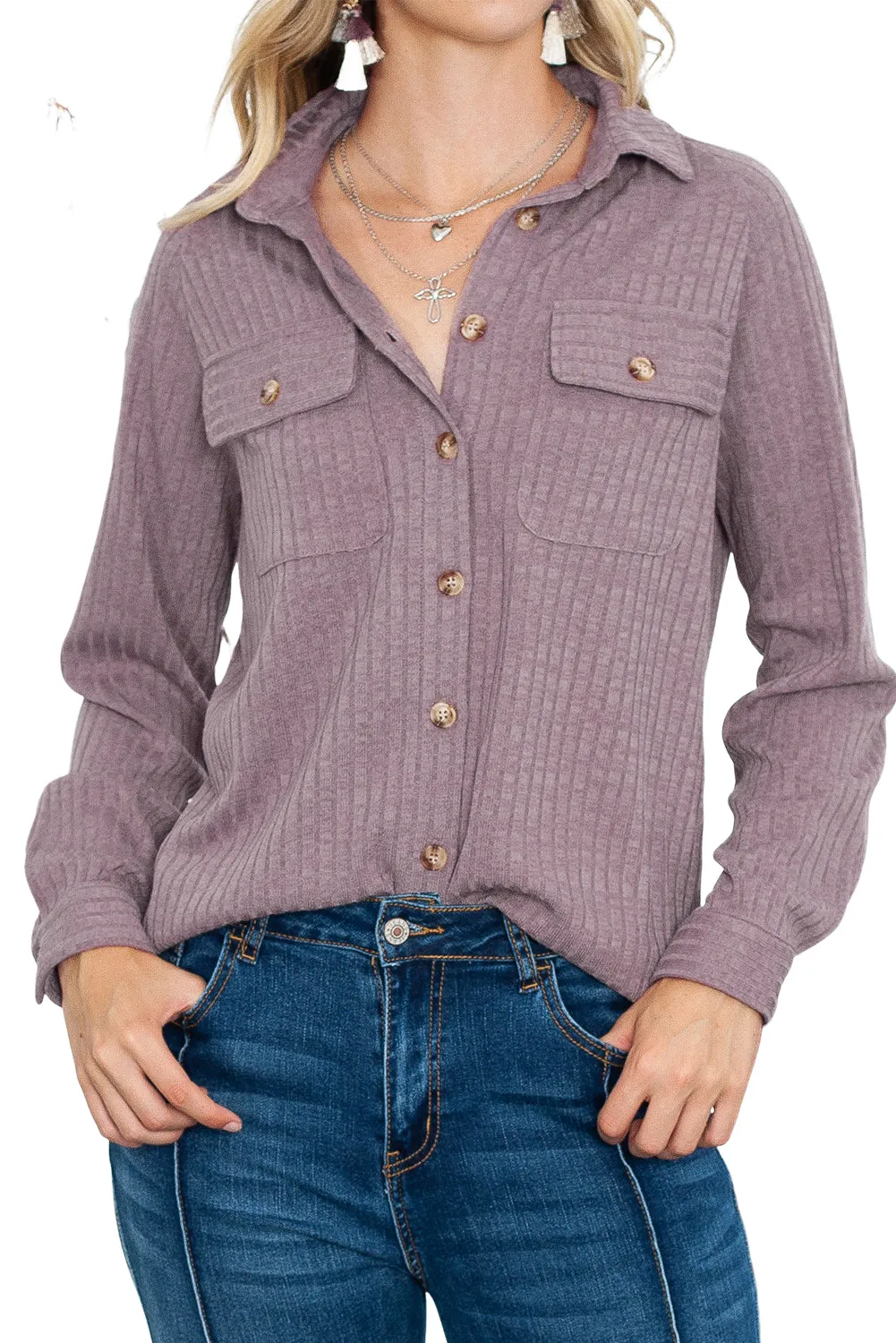 Purple Button Down Raw Hem Ribbed Shirt Shacket