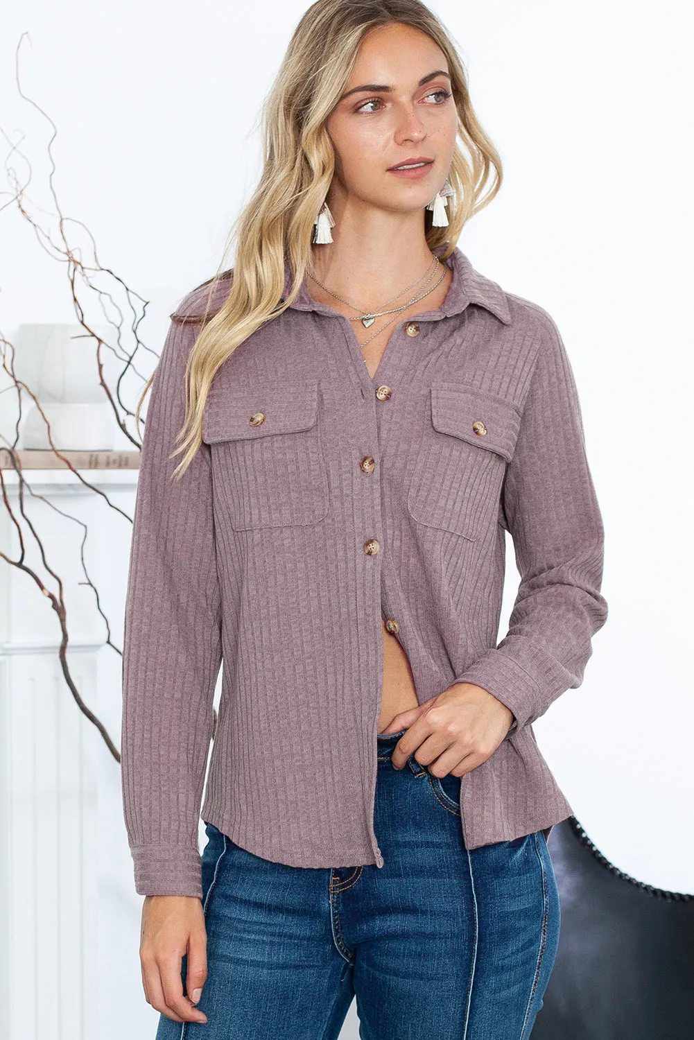 Purple Button Down Raw Hem Ribbed Shirt Shacket