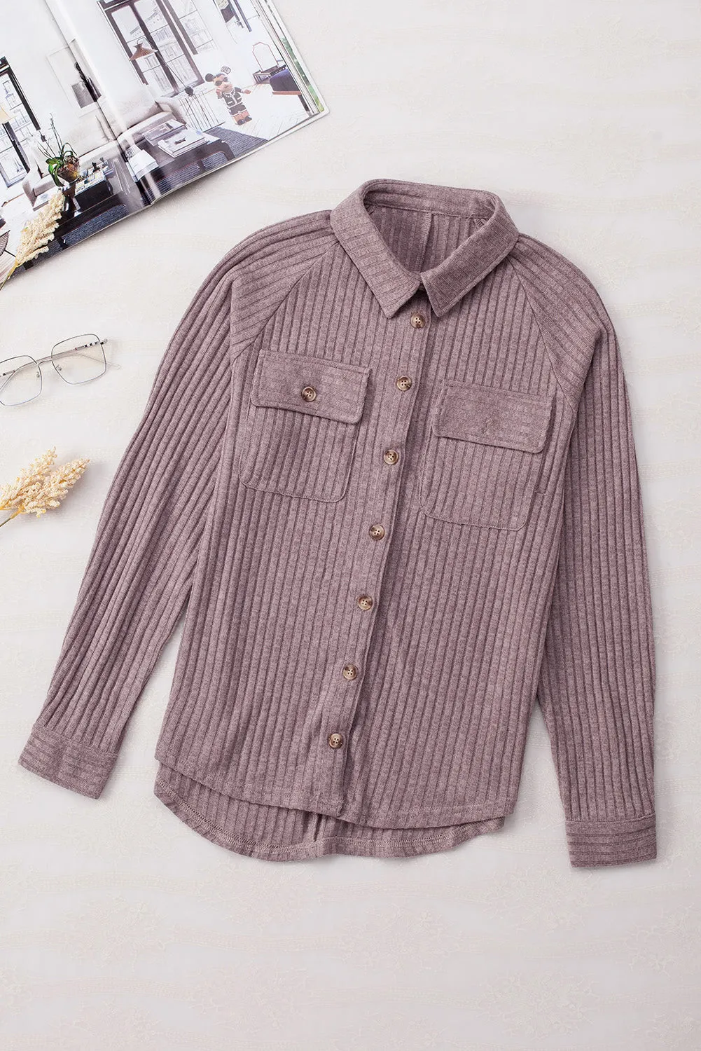 Purple Button Down Raw Hem Ribbed Shirt Shacket