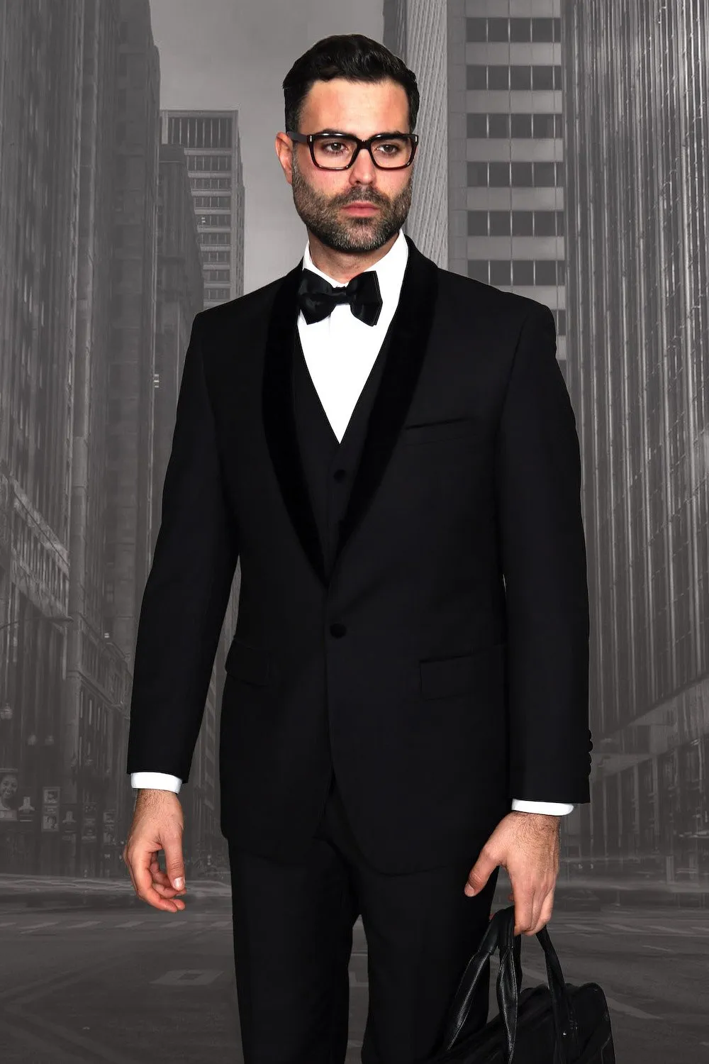 "Encore V" Black 1-Button Shawl Tuxedo (4-Piece Set)