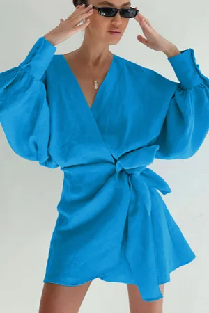 Relaxed Balloon Sleeve Bow Side Linen Wrap Mini Dress - Sky Blue