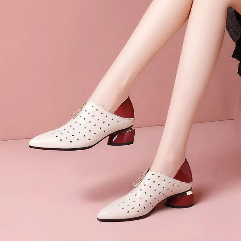 Retro Front Zipper Pointed Toe Pumps