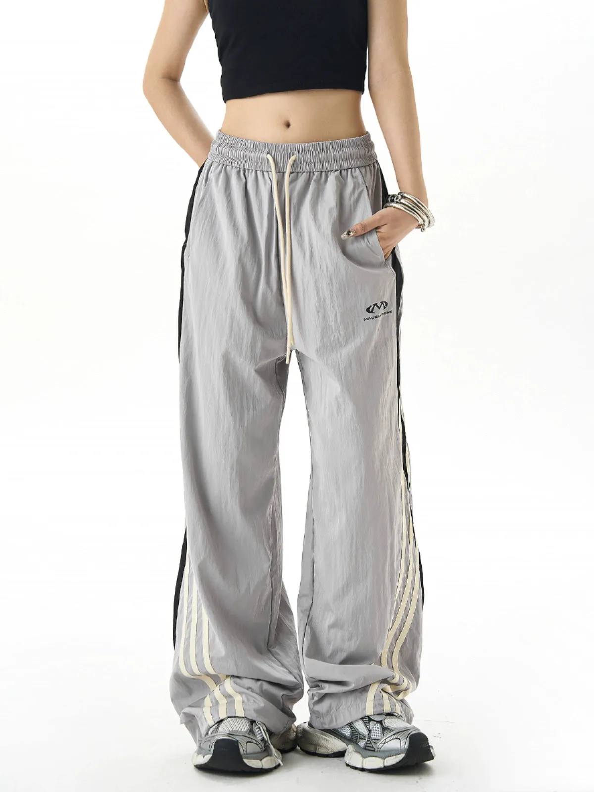 Retro Stitched Striped Wide-Leg Track Pants & Three-Bar Loose Slacks