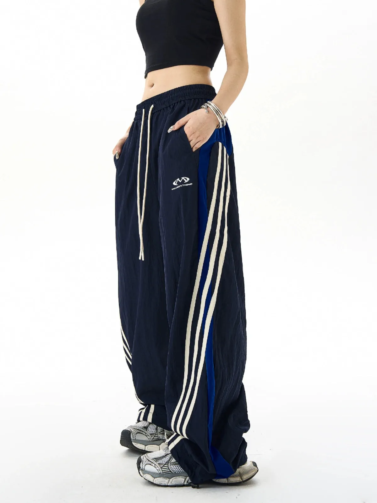 Retro Stitched Striped Wide-Leg Track Pants & Three-Bar Loose Slacks