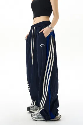 Retro Stitched Striped Wide-Leg Track Pants & Three-Bar Loose Slacks