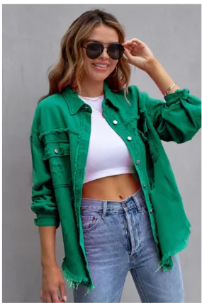 Ripped Fringe Jean Jacket - Green