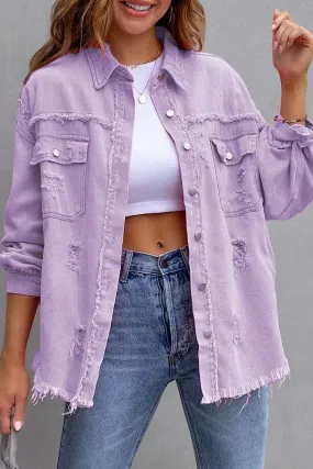 Ripped Fringe Jean Jacket - Lilac