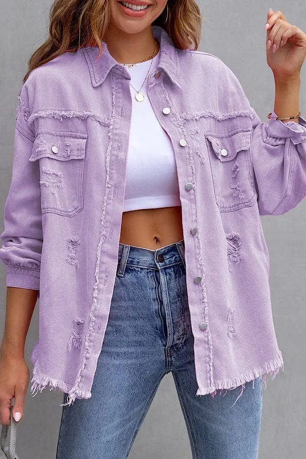 Ripped Fringe Jean Jacket - Lilac