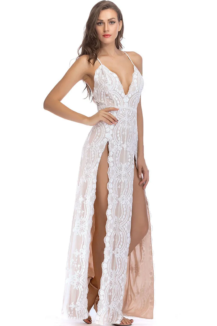 Scalloped Deep V High Split Sequin Lace Evening Maxi Dress - White