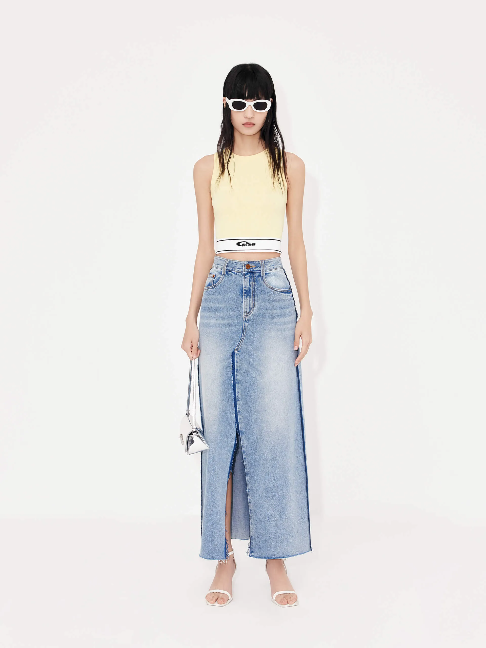 Seams Detail Slit Denim Skirt