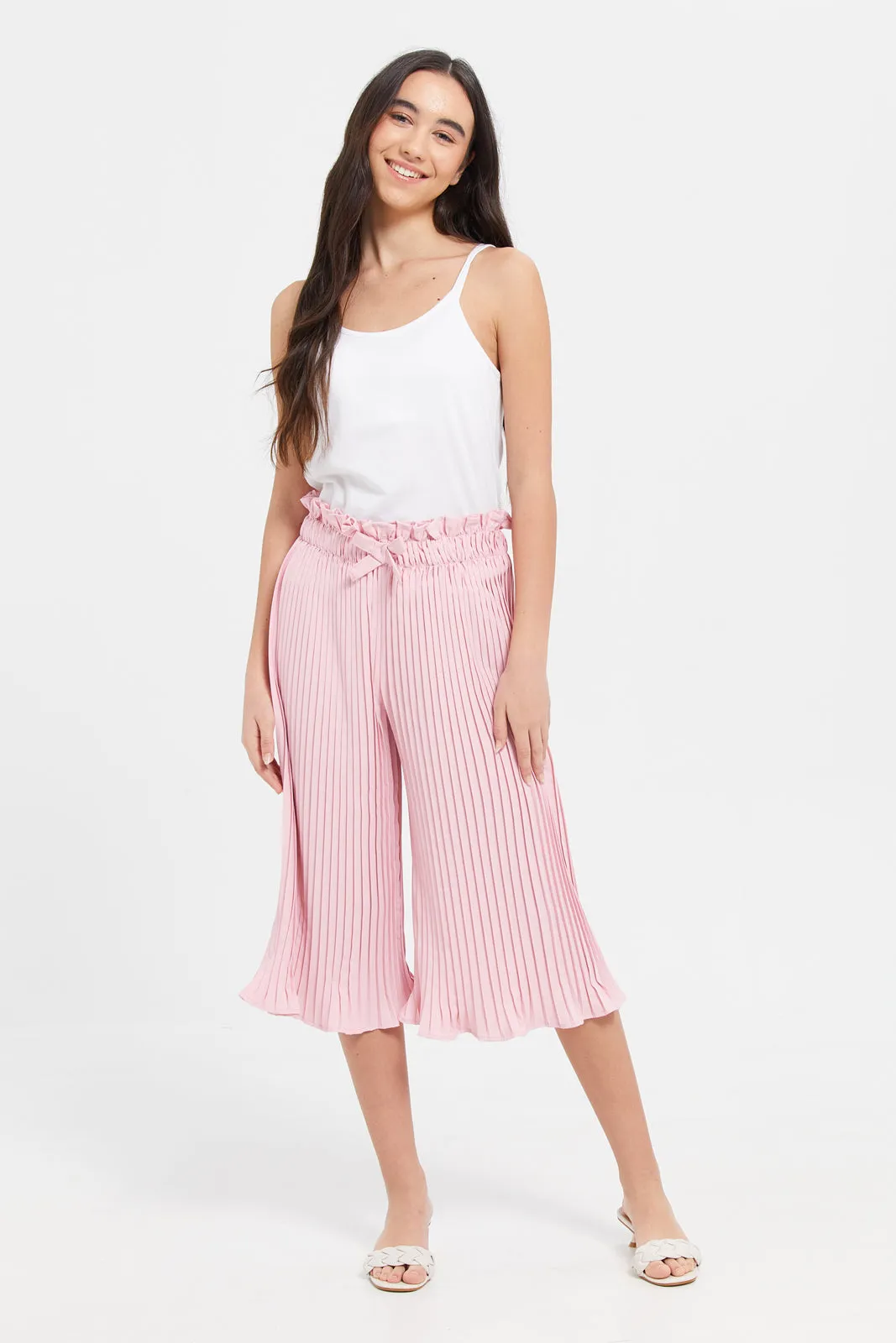 Senior Girls Pink Pleated Culotte Pants