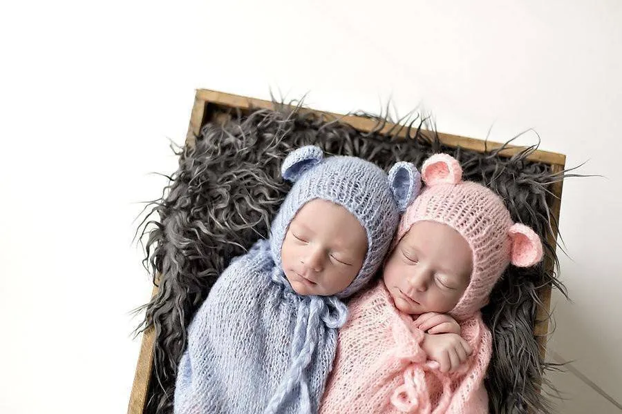 SET Pink Blue Teddy Bear Hats and Knit Swaddle Cocoon Sacks