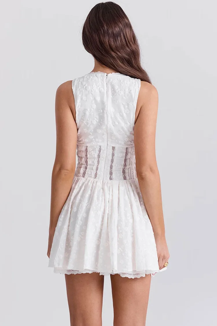 Sexy Floral Embroidered Scalloped Deep V Pleated Mesh Gathered Mini Sundress