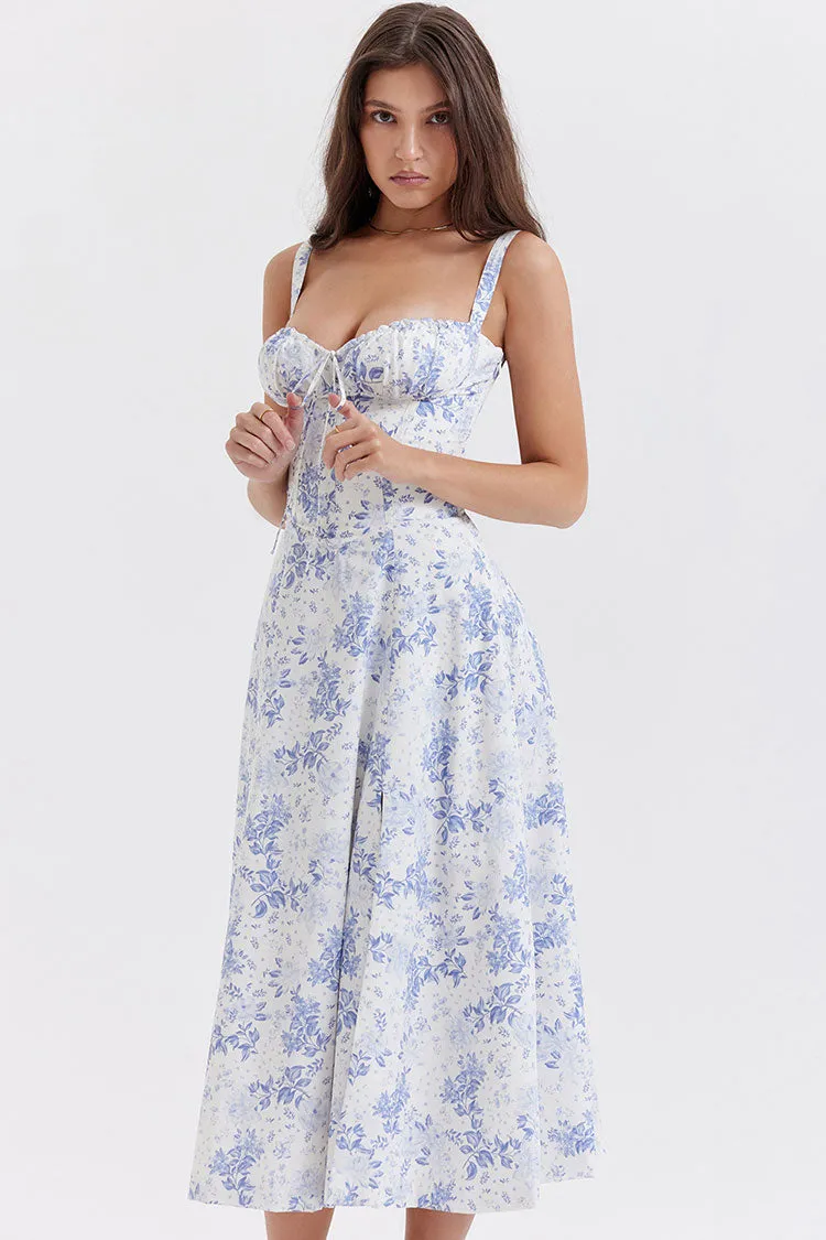 Sexy Floral Tie Front Lace Up Back Fit & Flare Split Midi Sundress - Blue