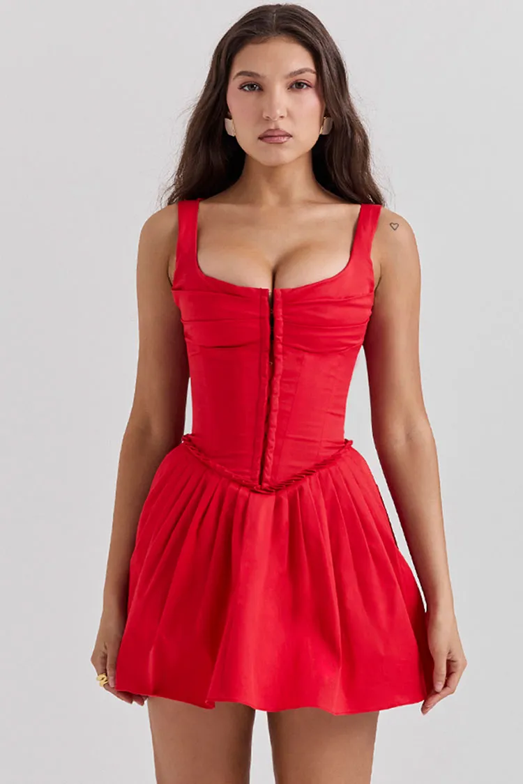 Sexy Hook & Eye Drop Waist Pleated Corset Summer Mini Sundress - Red