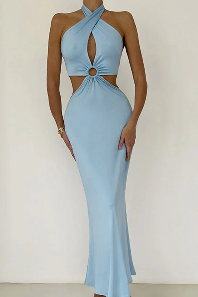 Sexy Wrap Front O Ring Cutout Fishtail Halter Tie Backless Maxi Dress - Blue