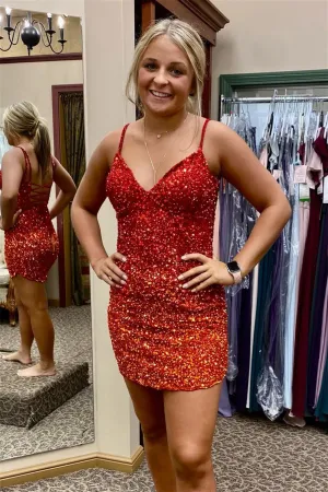 Short Red Sequins Tight Homecoming Dress