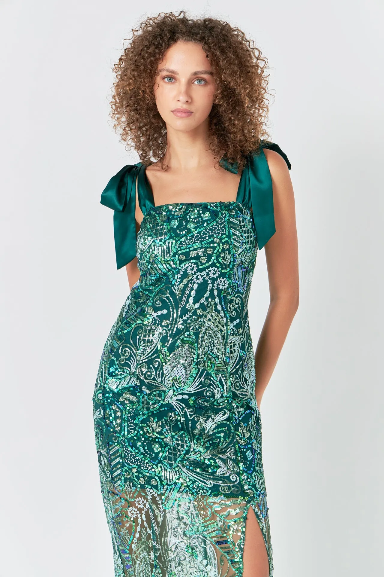 Shoulder Tie Sequins Maxi Dress