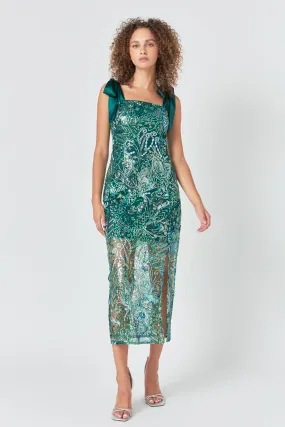 Shoulder Tie Sequins Maxi Dress