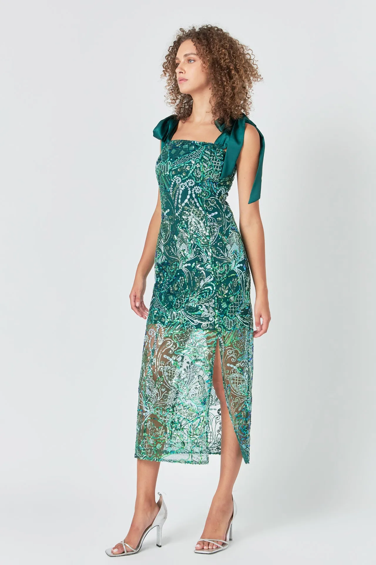 Shoulder Tie Sequins Maxi Dress