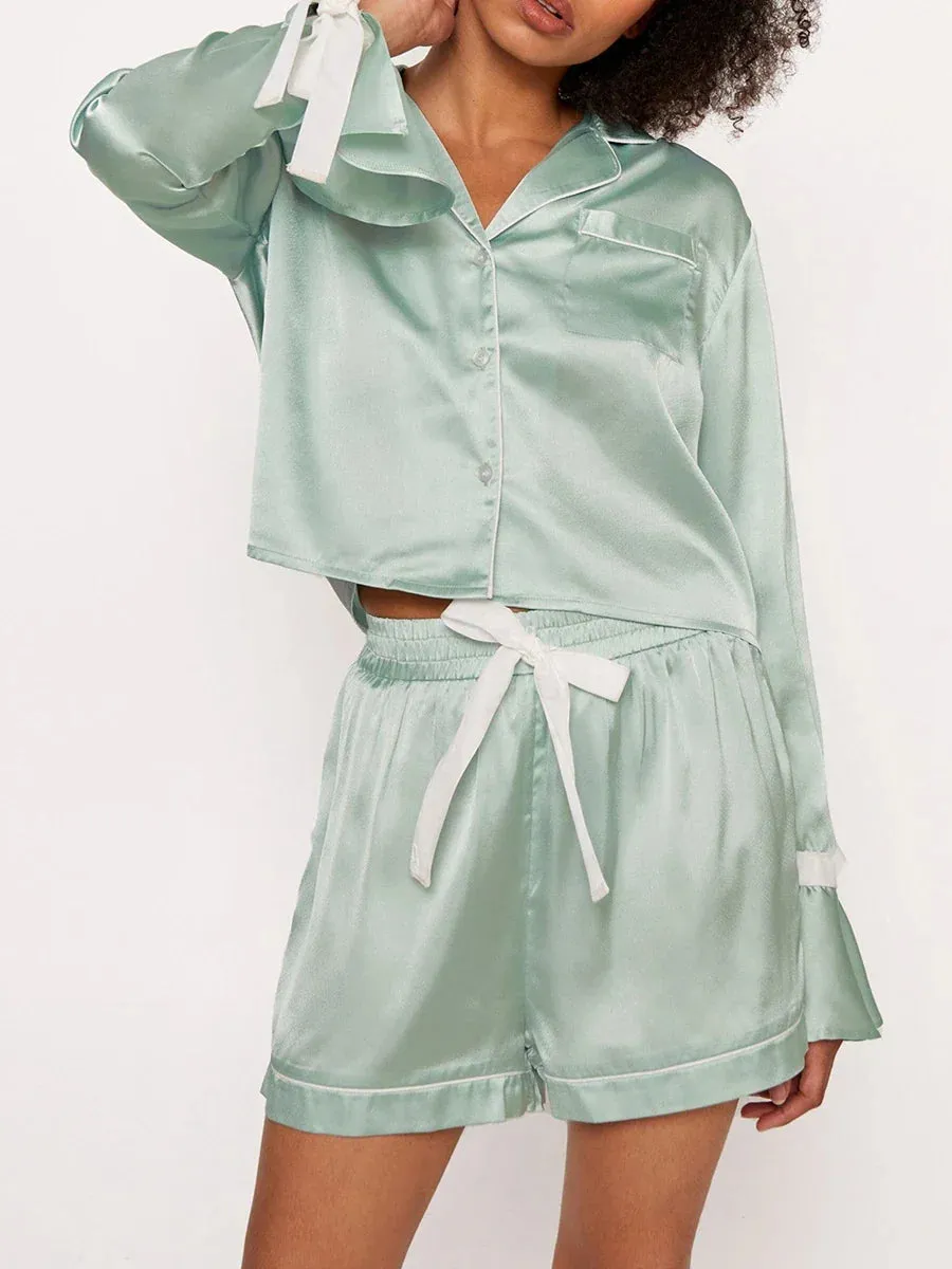 Sleeve Lapel Button Up Bow Shorts Lounge Sleepwear Long Pajamas