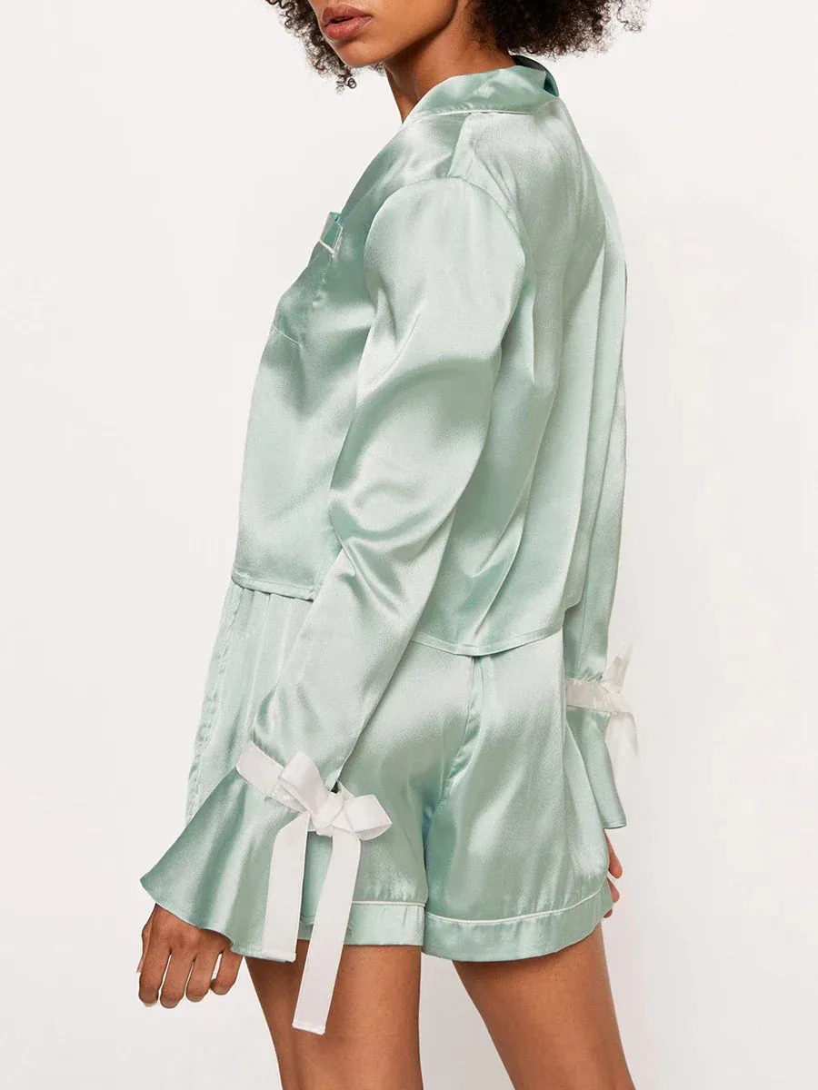 Sleeve Lapel Button Up Bow Shorts Lounge Sleepwear Long Pajamas