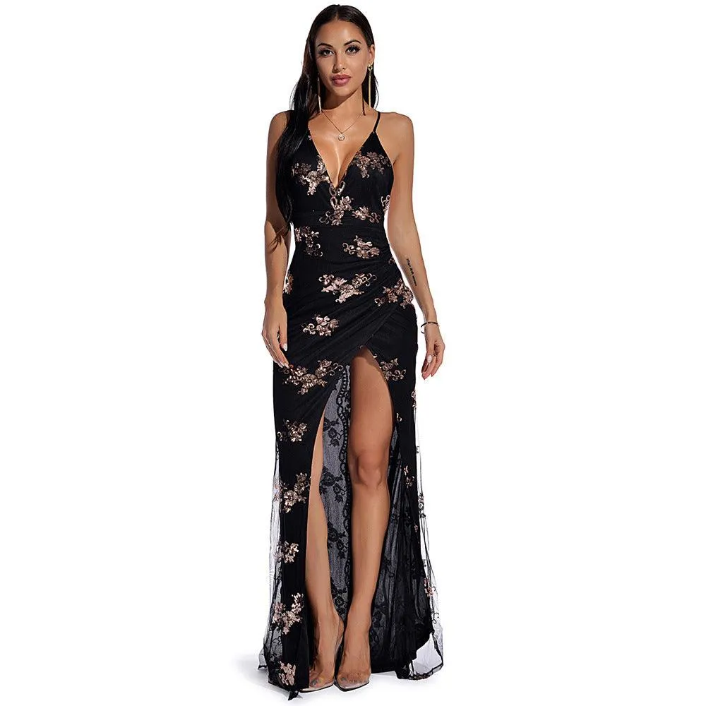 Sleeveless Strap Backless Sequined Maxi Dress