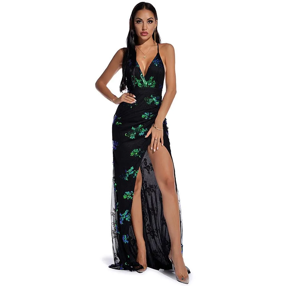 Sleeveless Strap Backless Sequined Maxi Dress