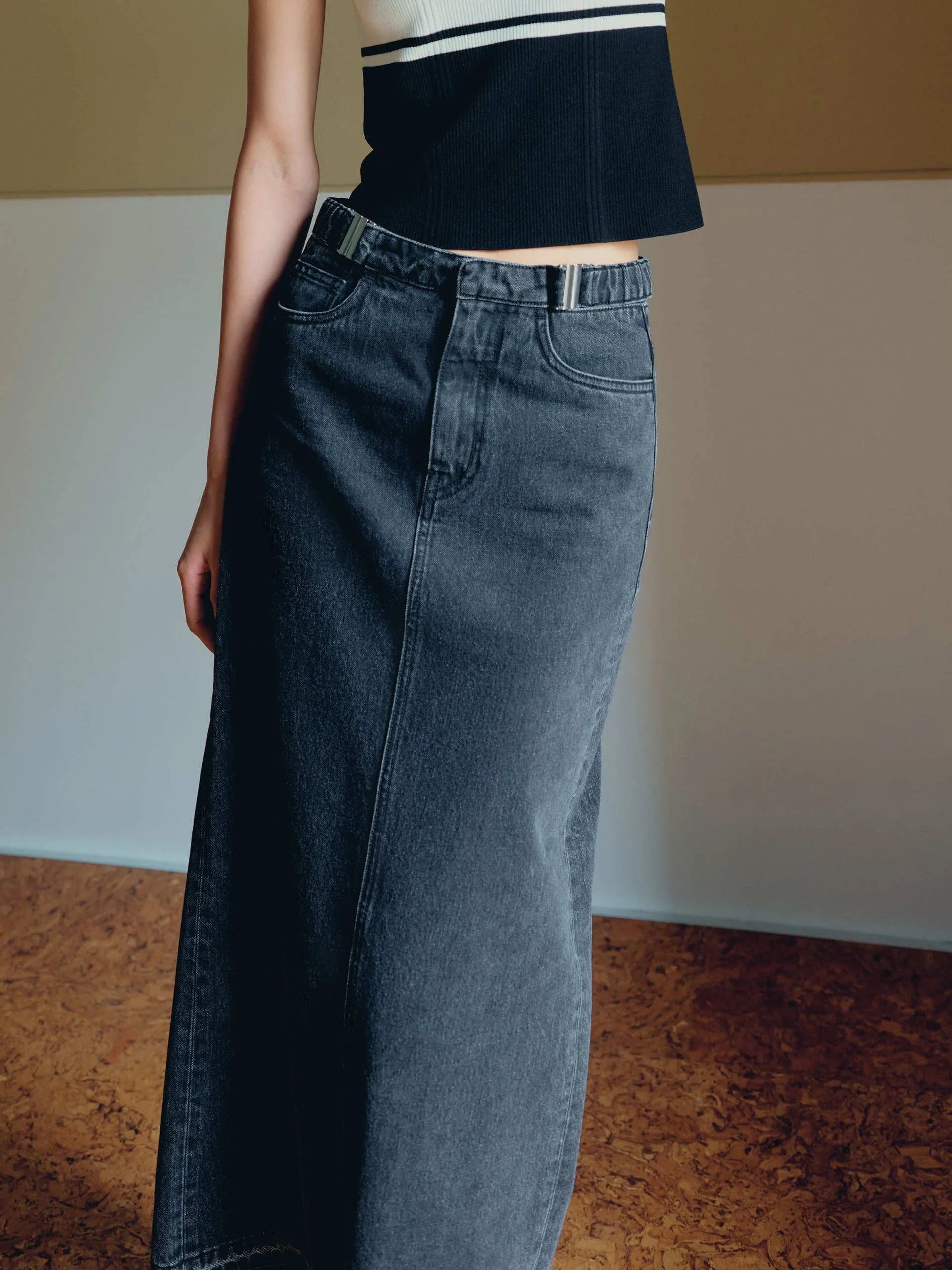 Slit Back Maxi Denim Skirt