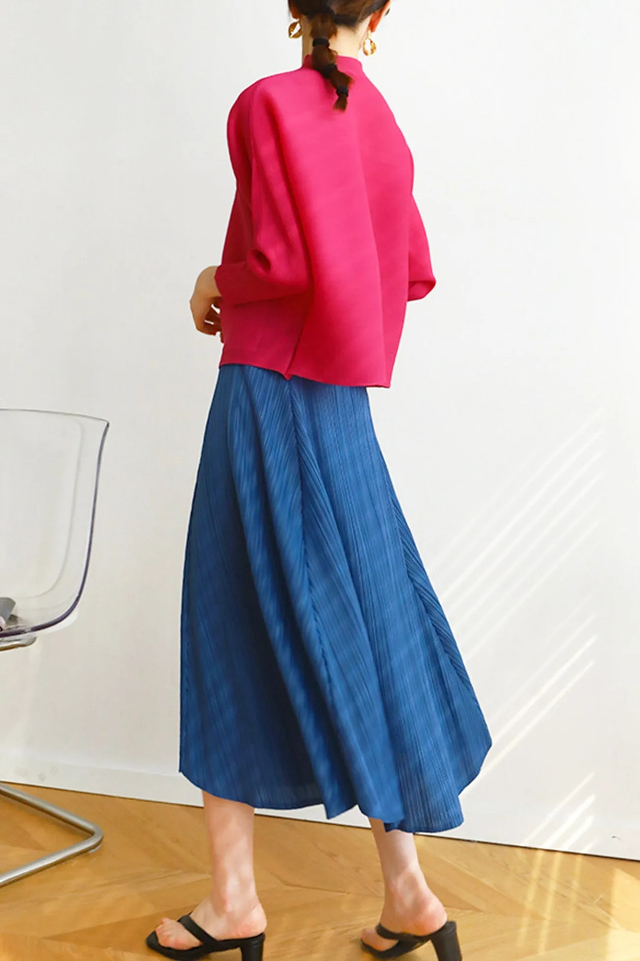 Solid Color Full Pleated High Waist Skirt