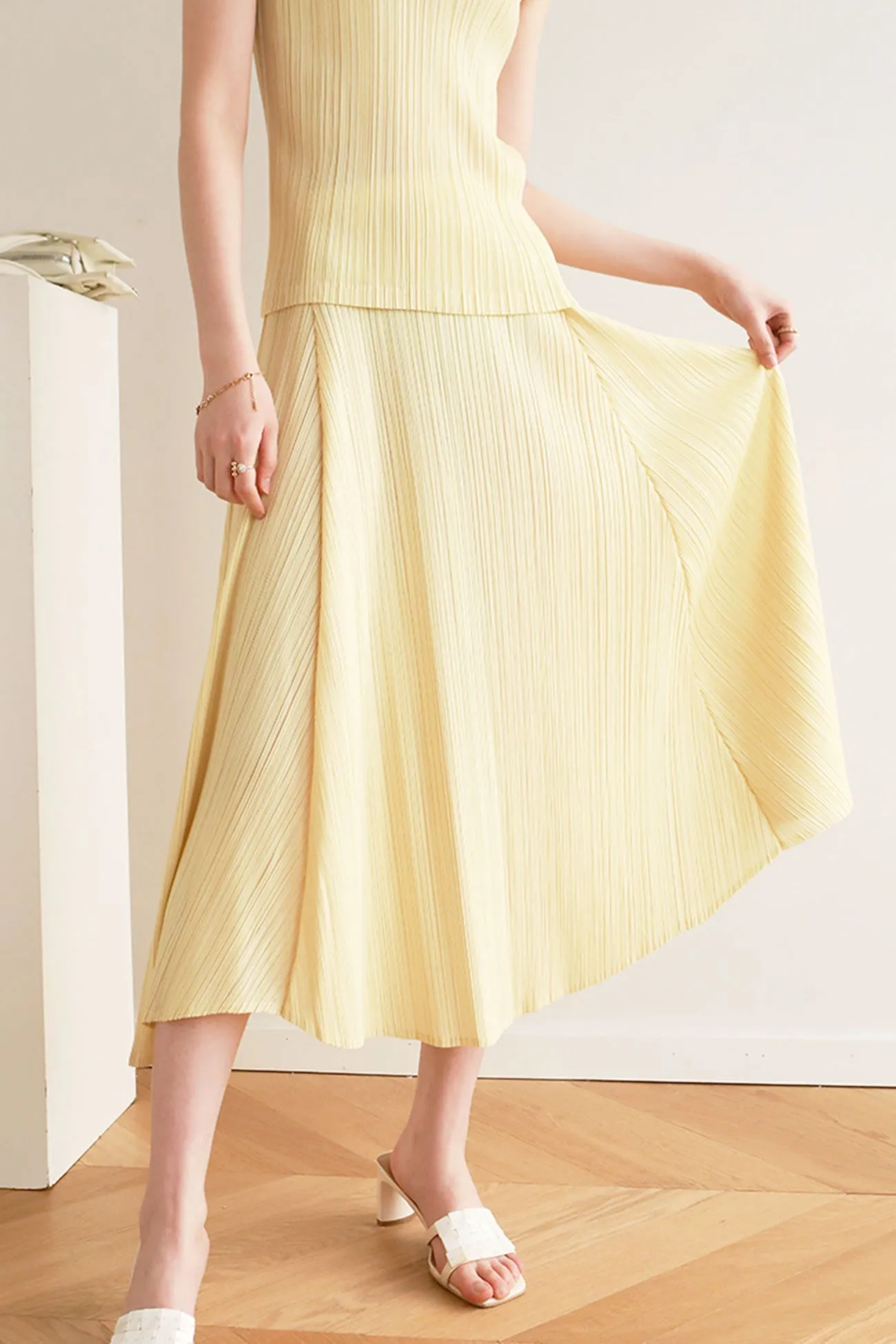 Solid Color Full Pleated High Waist Skirt