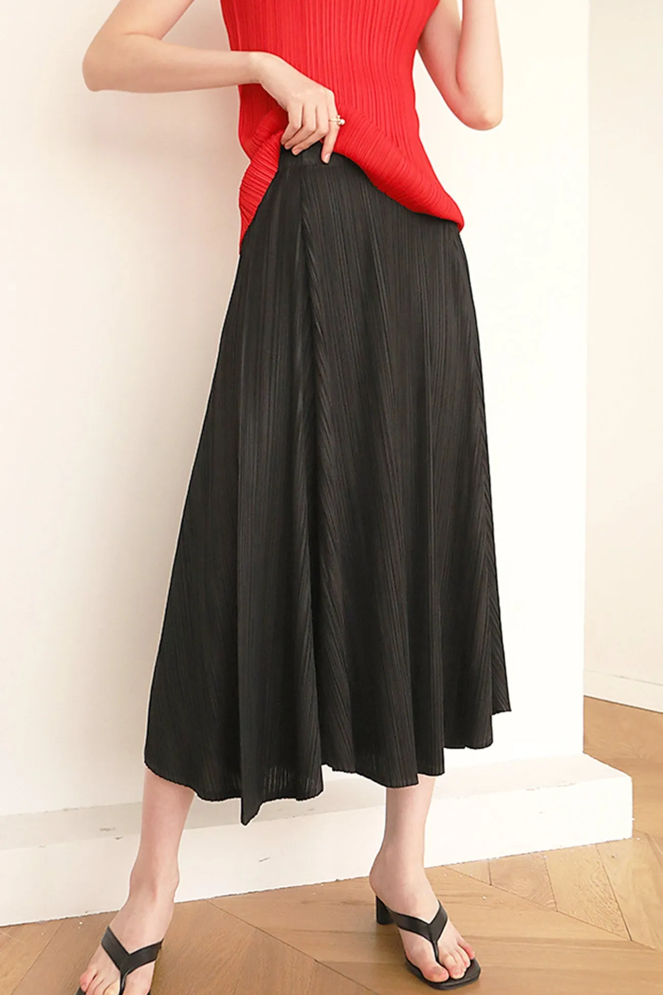 Solid Color Full Pleated High Waist Skirt