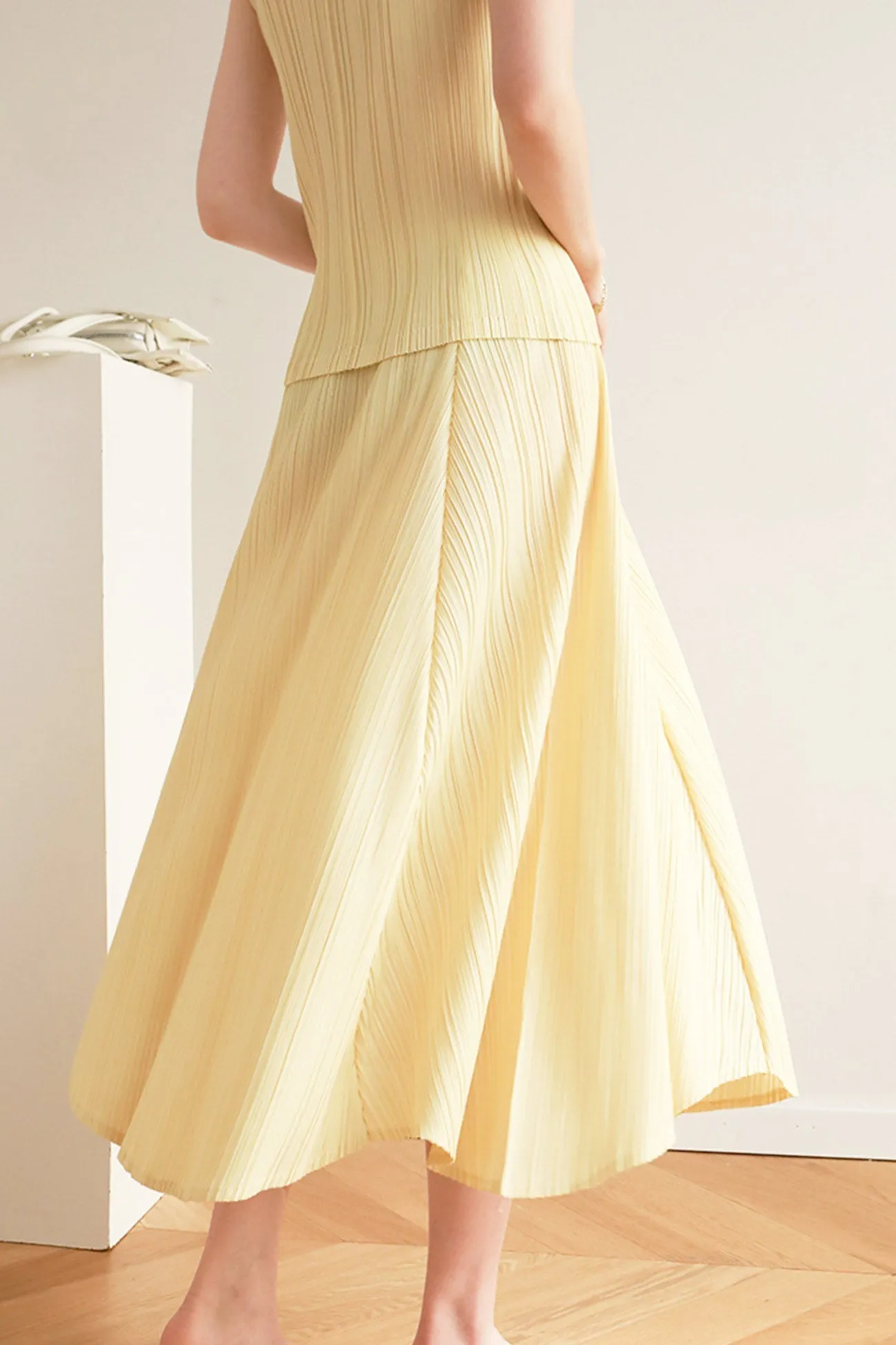 Solid Color Full Pleated High Waist Skirt