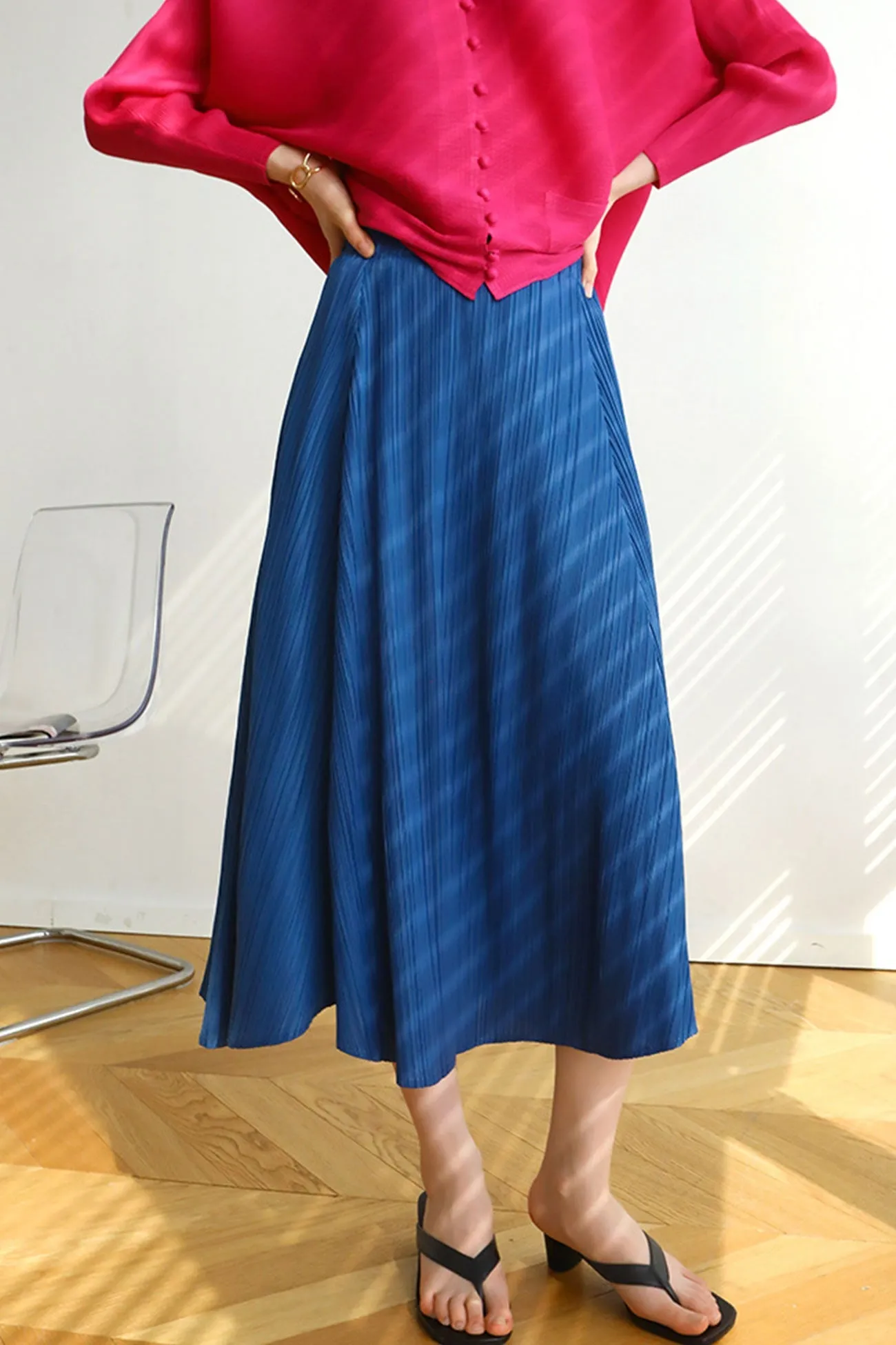 Solid Color Full Pleated High Waist Skirt