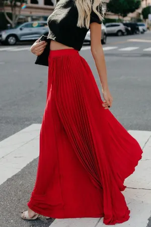 Solid Color High Waist Pleated Maxi Skirt