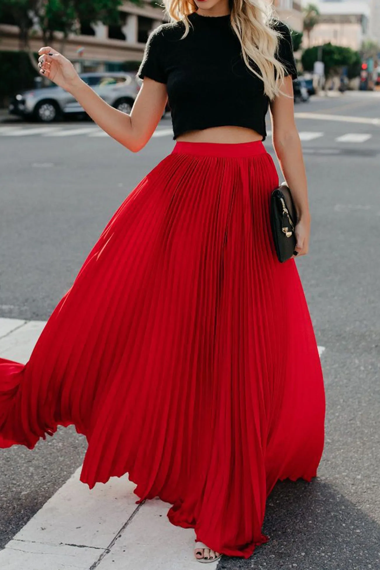 Solid Color High Waist Pleated Maxi Skirt