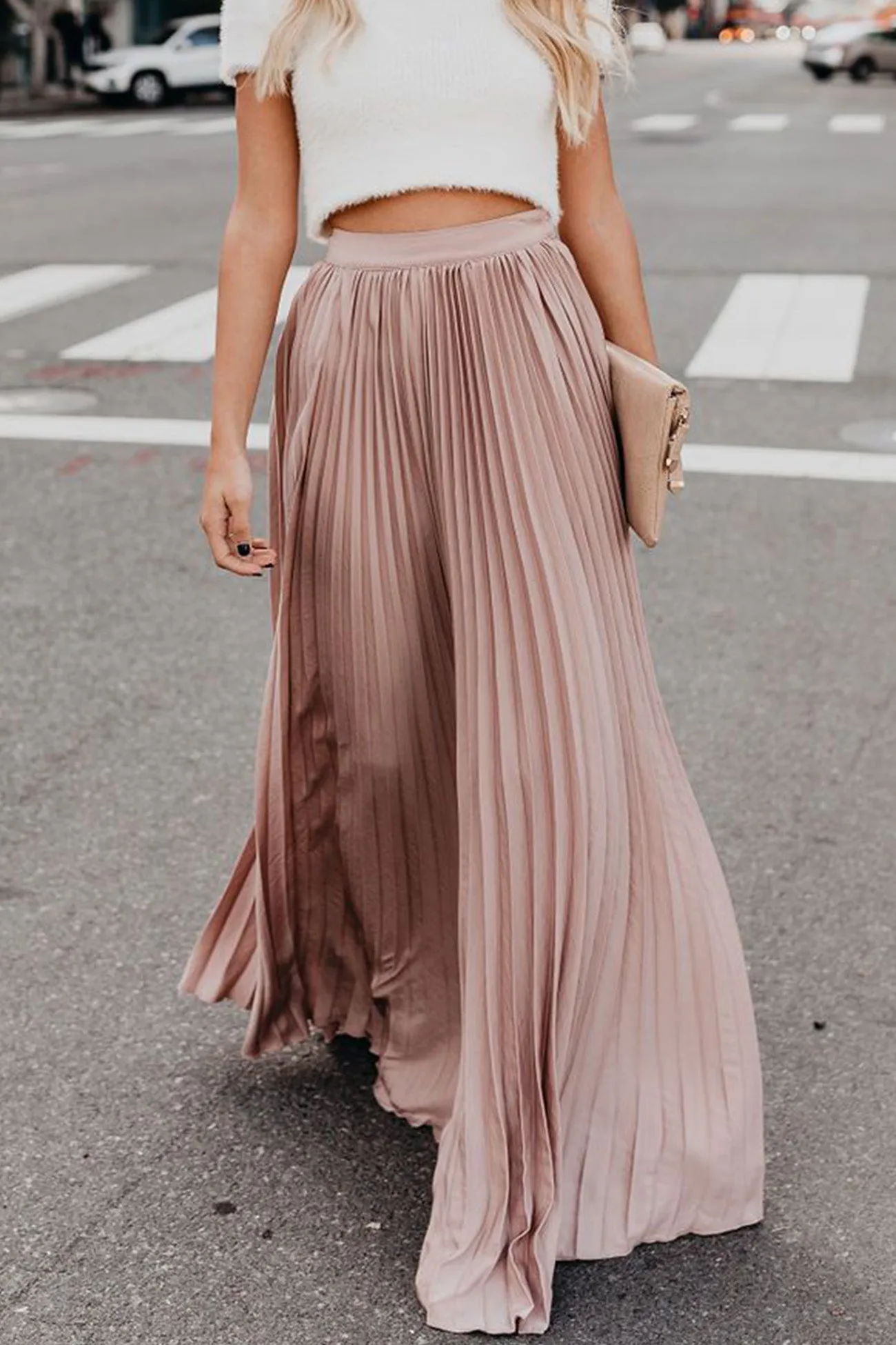 Solid Color High Waist Pleated Maxi Skirt