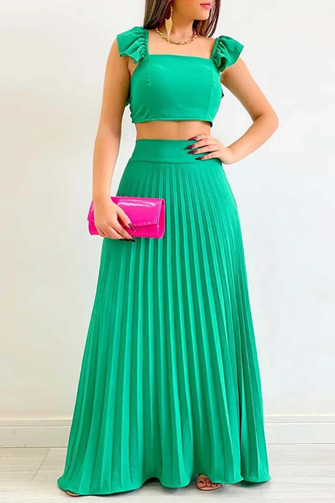 Solid Color Ruffled Top Pleated Skirt Set