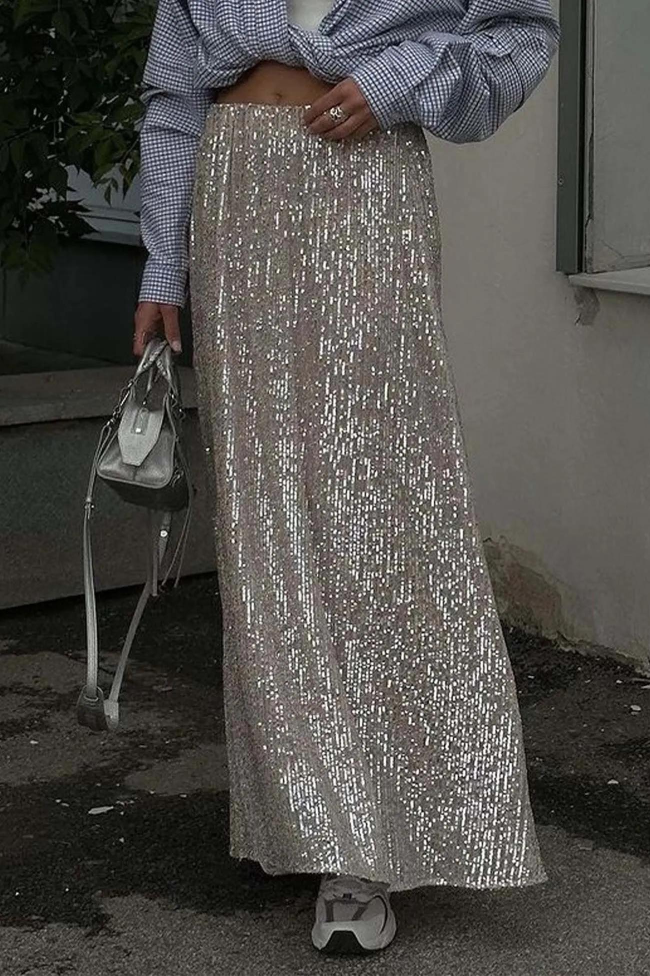 Solid Color Sequin Maxi Skirt