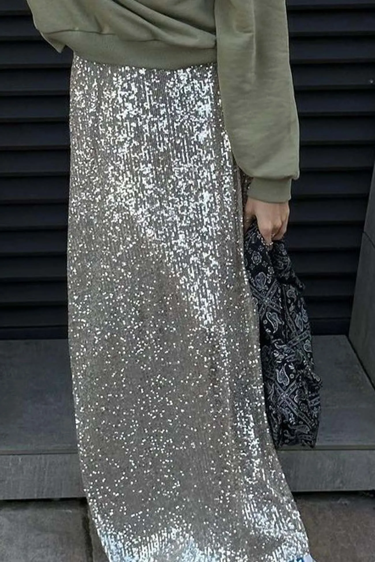 Solid Color Sequin Maxi Skirt