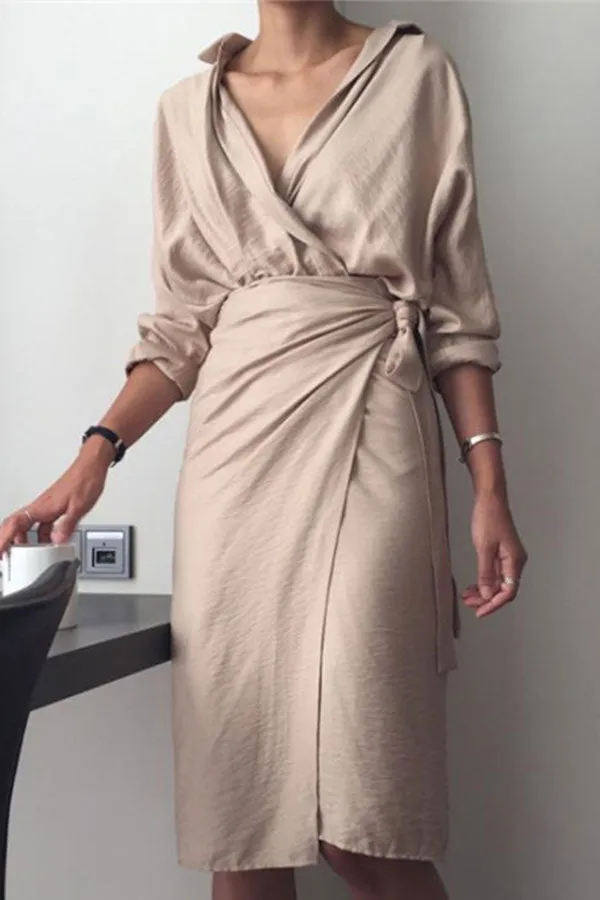 Solid Color V-neck Wrap Dress